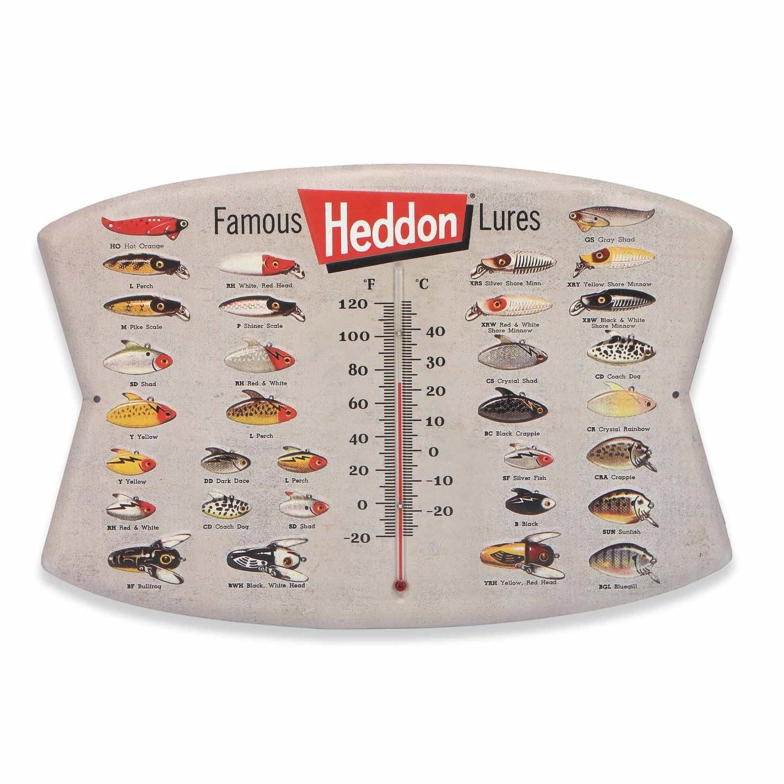 Heddon Fishing Lures metal wall thermometer with illustrated classic lures and a dual temperature scale