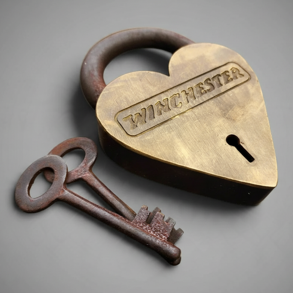 Jones Peak Winchester 1866 heart-shaped solid brass padlock with two antiqued skeleton keys for decorative display.
