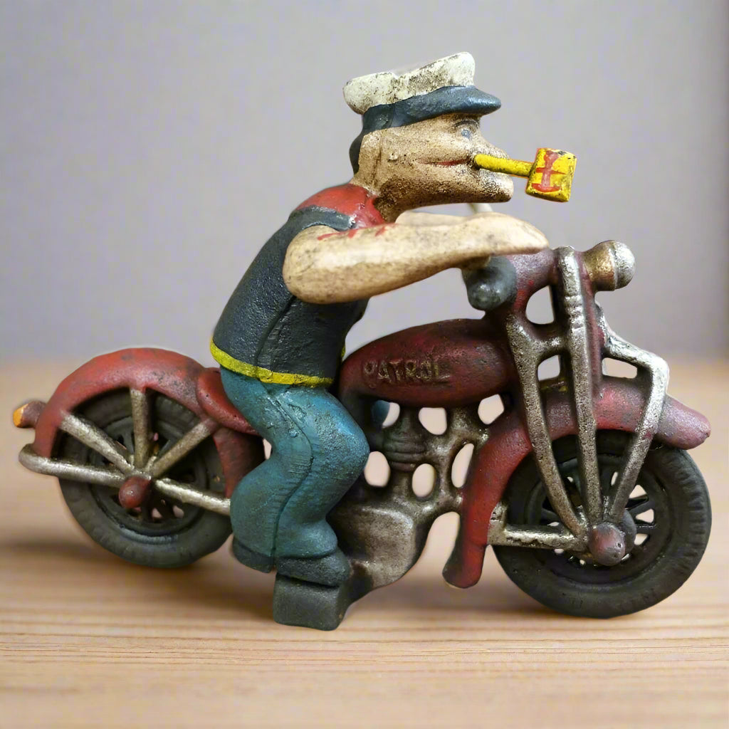 Popeye Sailor Man Patrol Motorcycle Figurine Cast Iron Painted With Antique Finish (8" x 6")