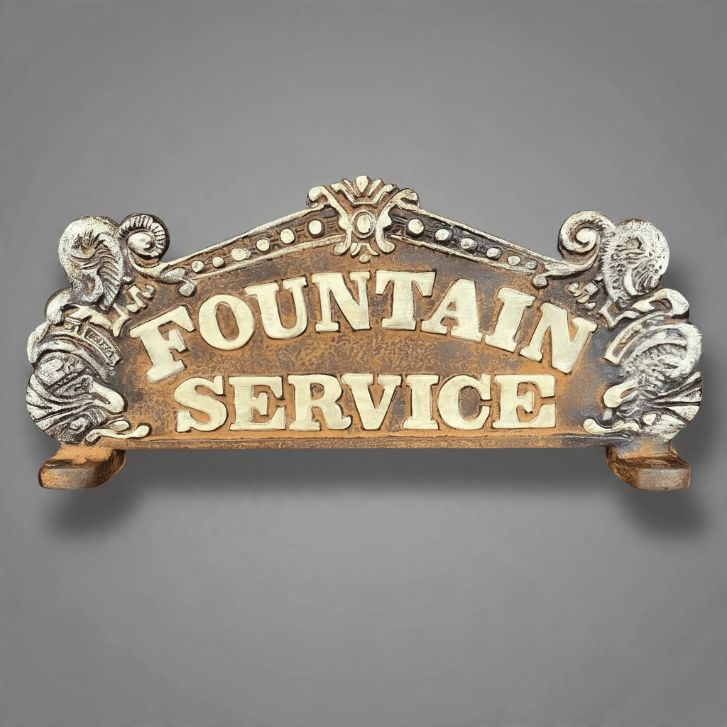 Jones Peak vintage Coca-Cola Fountain Service cast iron sign with hand-painted antique patina and raised lettering.
