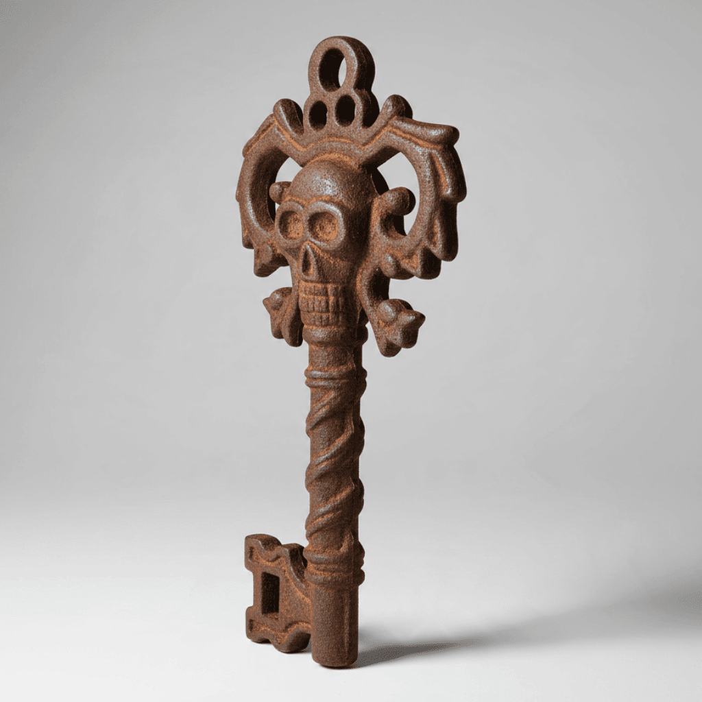 Jones Peak cast iron key with a distressed, hand-antiqued finish and an embossed pirate skull design.