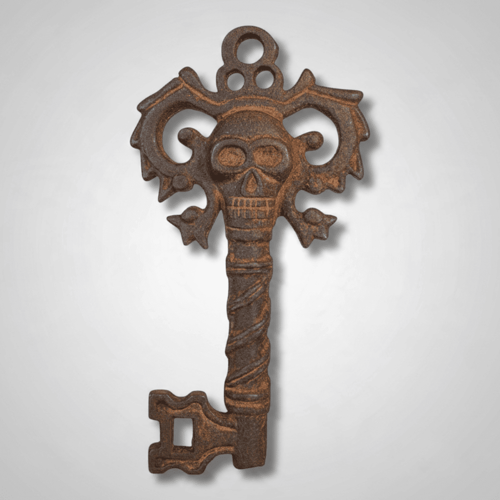 Jones Peak cast iron decorative key with a distressed pirate skull design and antique brown finish.