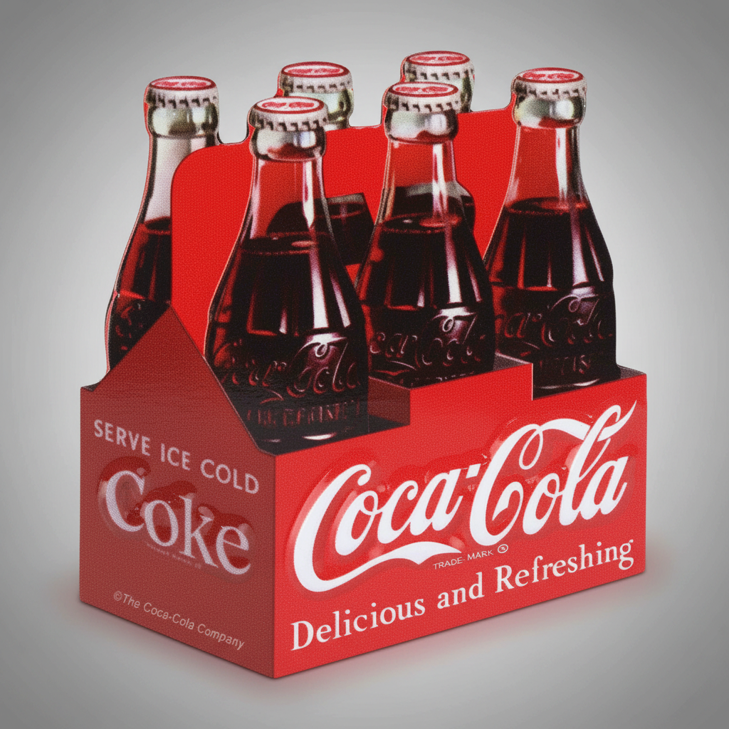 Coca-Cola six-pack embossed metal magnet with six glass bottles in a red carton and white Coca-Cola lettering.