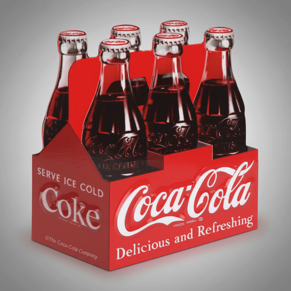 Coca-Cola six-pack embossed metal magnet with six glass bottles in a red carton and white Coca-Cola lettering.