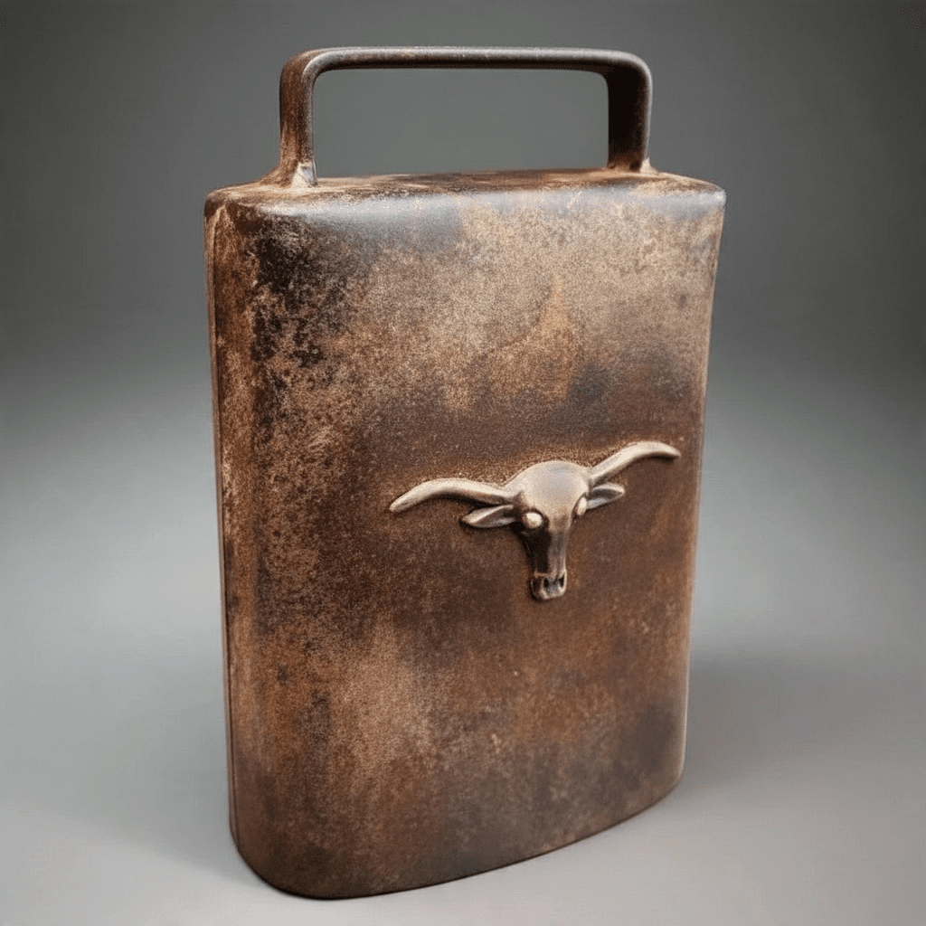 Jones Peak rustic cast iron cow bell featuring a steer head emblem and an antique brown patina finish.