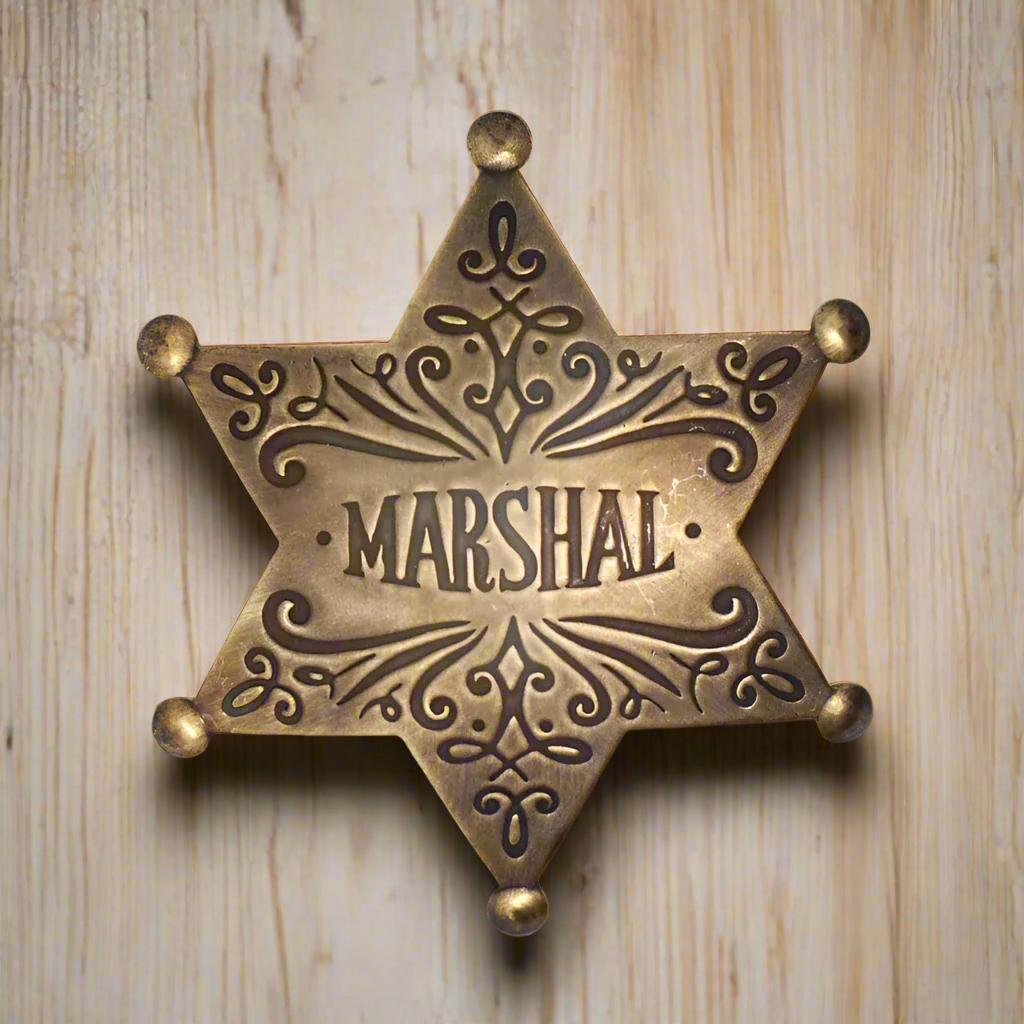 Marshal Old West Solid Brass Ornate Star Badge With Antique Finish & Soldered Pin (3" x 2.25")
