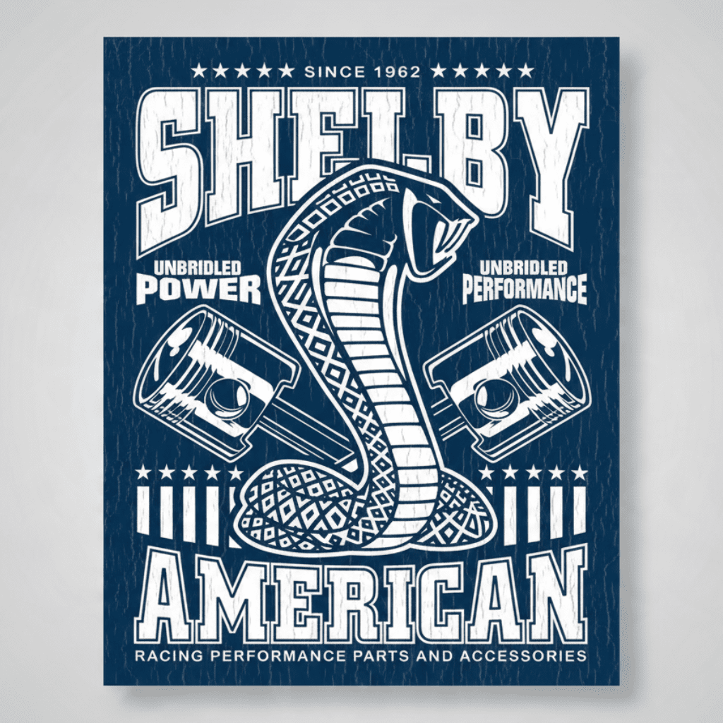 Jones Peak Shelby Unbridled metal sign featuring a blue and white cobra and piston design with a distressed finish.
