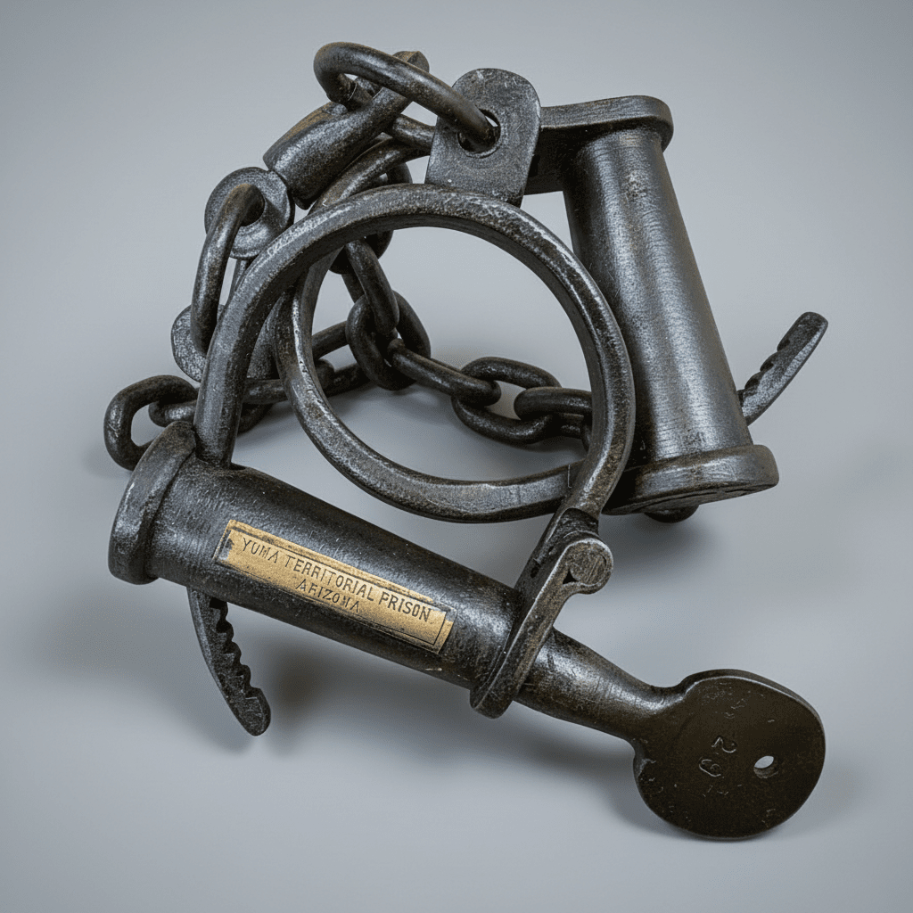 Jones Peak vintage-style cast iron handcuffs with a brass Yuma Territorial Prison tag and antique distressed finish.