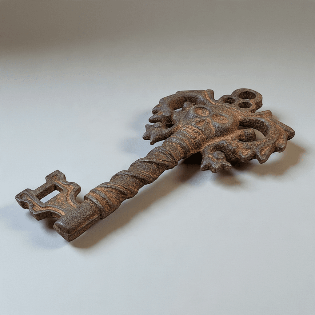 Jones Peak cast iron key with a distressed, hand-antiqued finish and an embossed pirate skull design.
