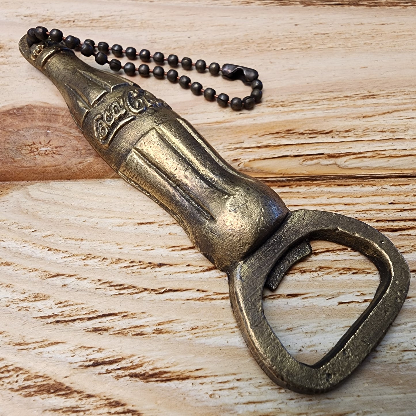 Coca-Cola Bottle Solid Brass Bottle Opener With Raised Lettering & Chain (4.5" x 2")