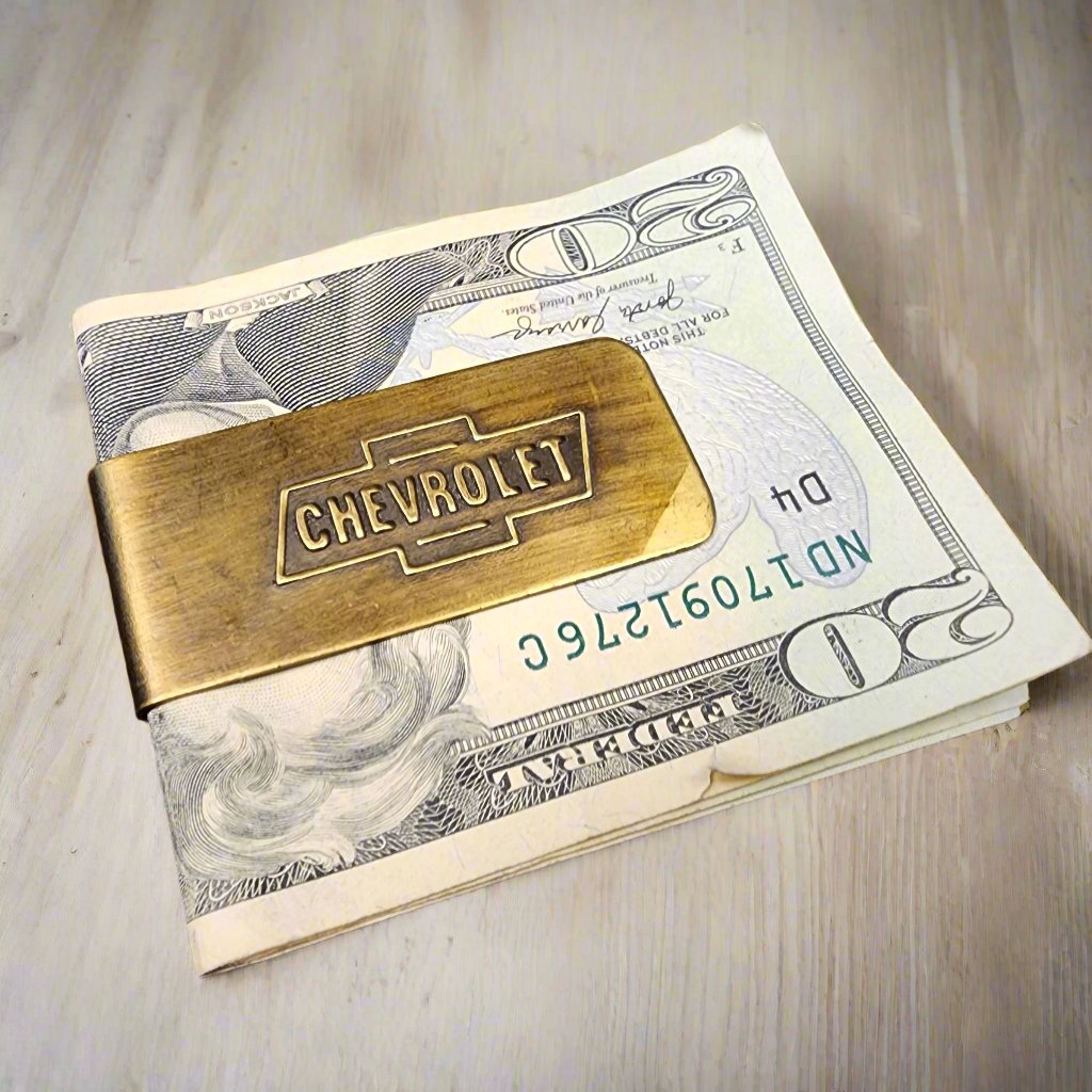 Chevrolet Solid Brass Money Clip With Raised Lettering & Antique Finish (2.25" x 1")