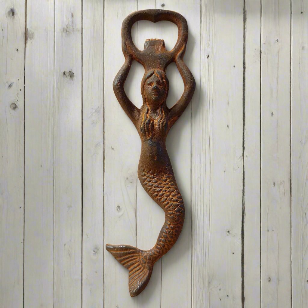 Mermaid Cast Iron Bottle Opener With Antique Finish (7" Long)