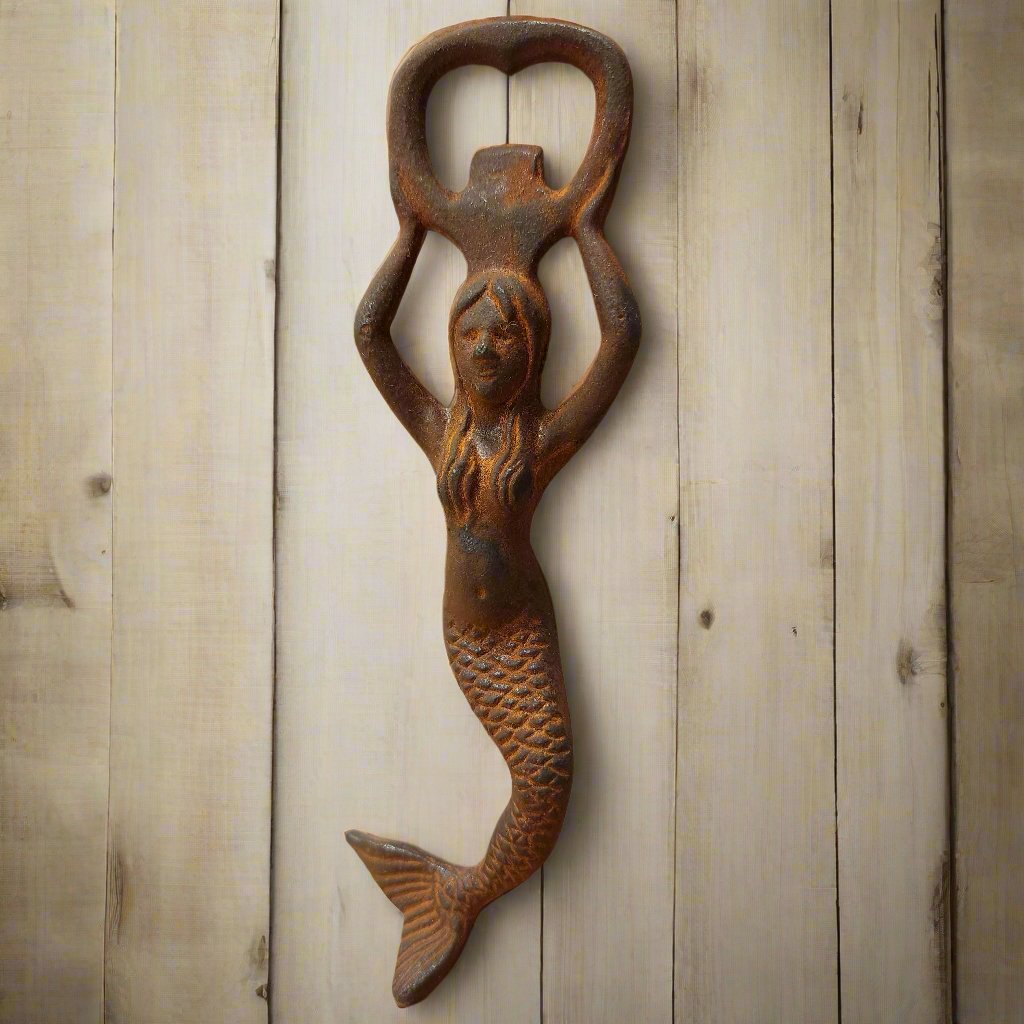Mermaid Cast Iron Bottle Opener With Antique Finish (7" Long)