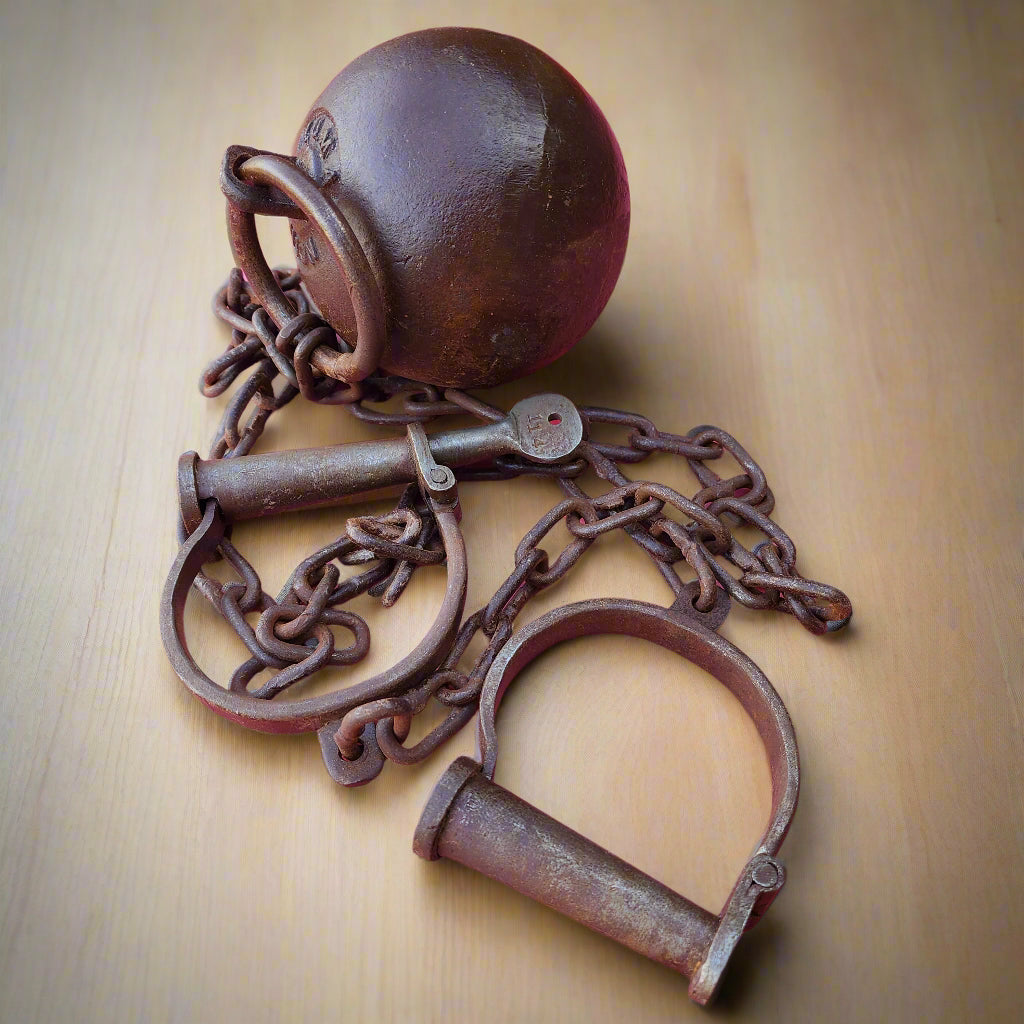 Yuma Prison Cast Iron Working Ball & Chain Leg Irons With Antique Finish (28" Long)
