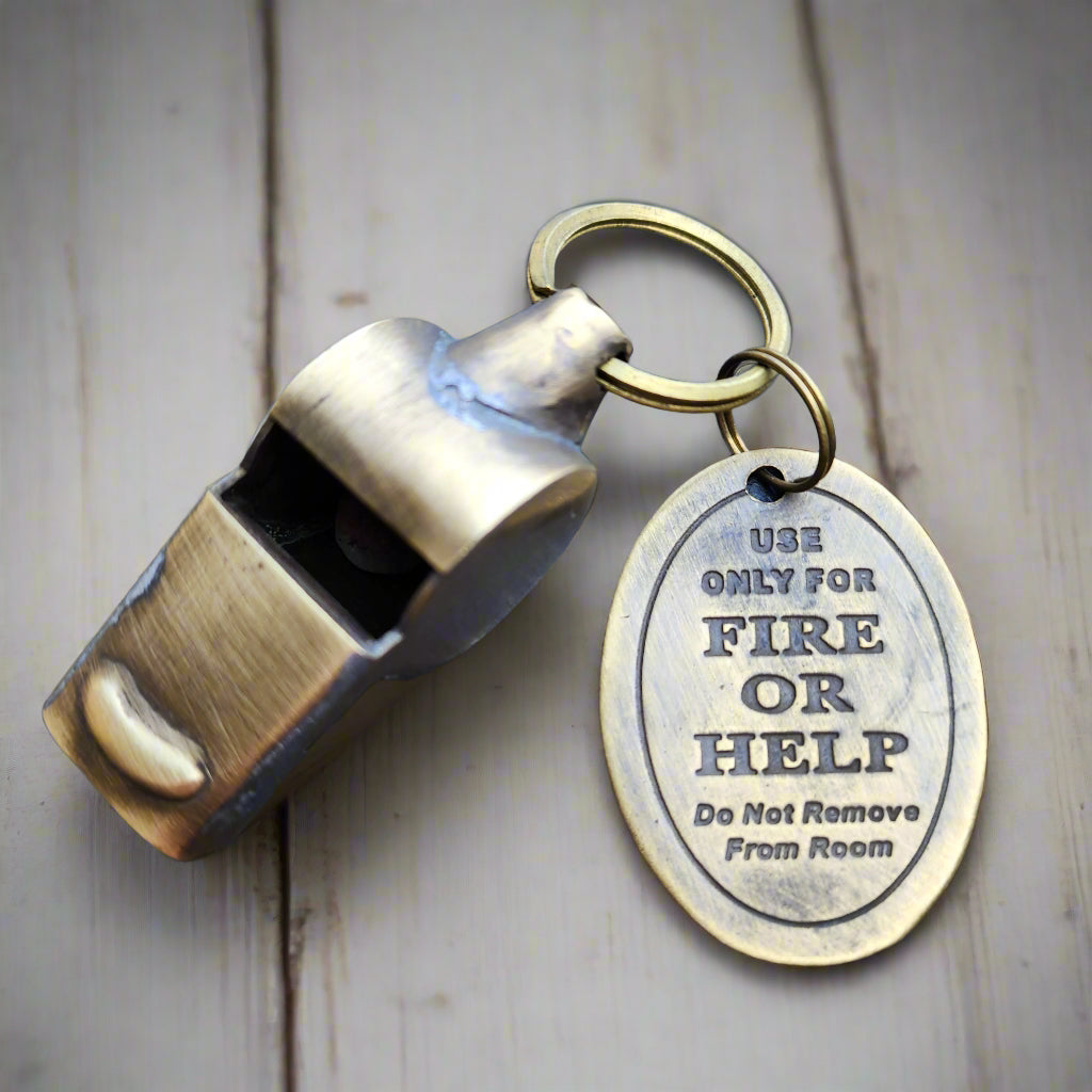 Fire Or Help Solid Brass Fire Department Tag & Whistle (2" Long)