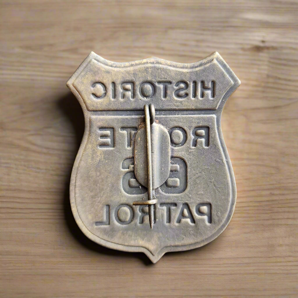 Route 66 Solid Brass Badge With Raised Lettering & Soldered Pin (2.5" x 2")