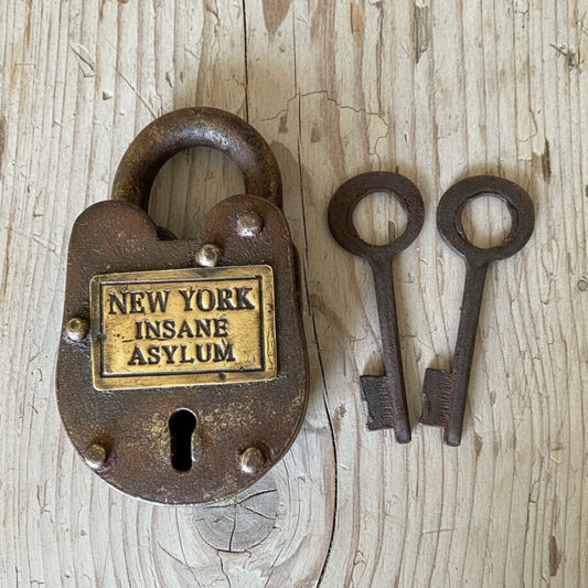 New York Insane Asylum Cast Iron Gate Lock With Brass Tag & Keys (2.5" x 1.5")