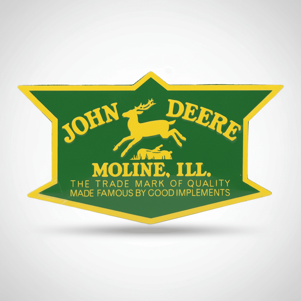 John Deere Moline, Ill. metal magnet with a yellow leaping deer, plow graphic and lettering on a green background.