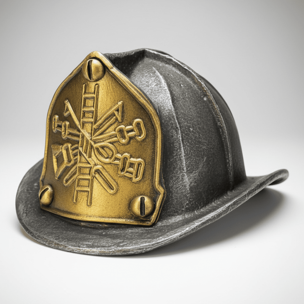 Jones Peak cast iron fire helmet bottle opener with an antiqued finish and gold-toned embossed zinc front plate.