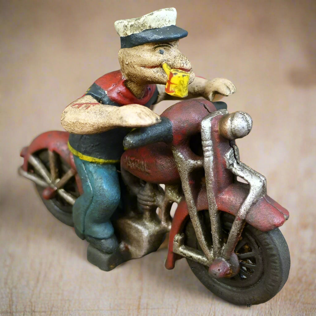 Popeye Sailor Man Patrol Motorcycle Figurine Cast Iron Painted With Antique Finish (8" x 6")