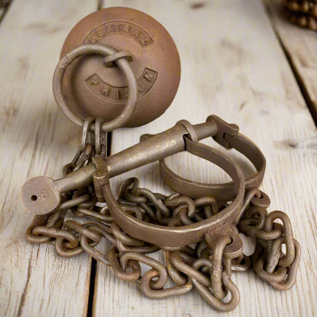 Alcatraz Prison San Francisco Cast Iron Working Ball & Chain Leg Irons With Antique Finish (28" Long)