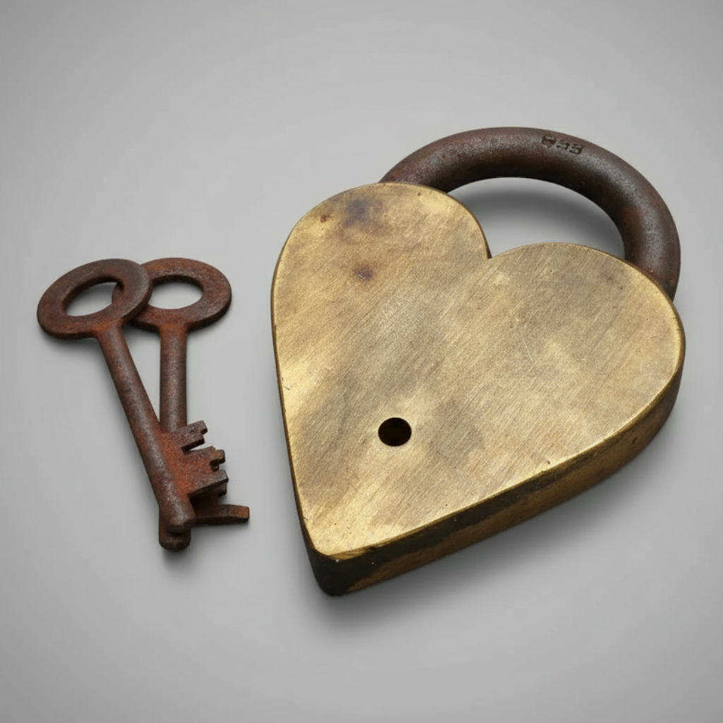Jones Peak Winchester 1866 heart-shaped solid brass lock with two rusted skeleton keys for decorative display