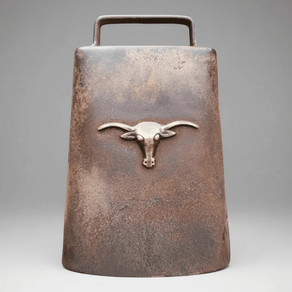 Jones Peak rustic cast iron cow bell with an antique patina finish and a decorative steer head emblem.