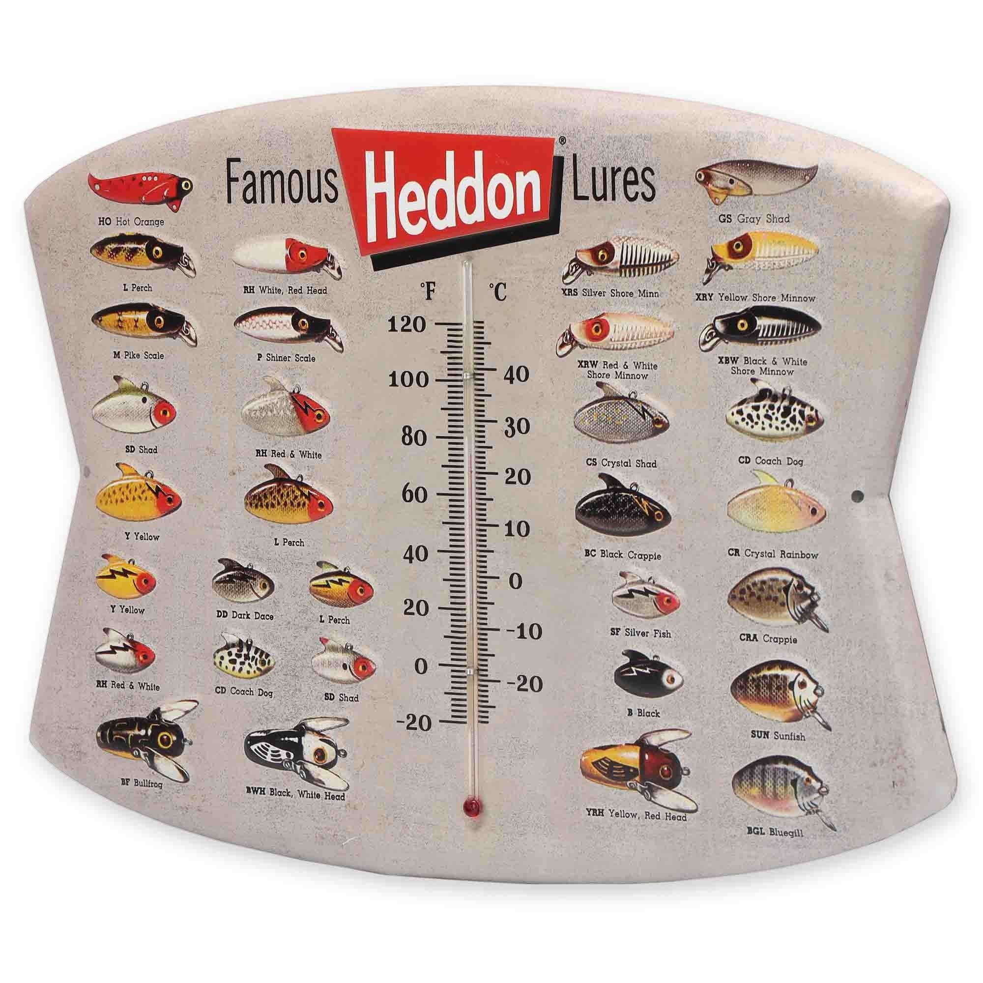 Angled view of Heddon Fishing Lures metal wall thermometer showing illustrated lures and the dual temperature scale