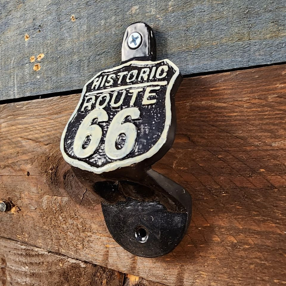 Route 66 Cast Iron Wall Mounted Bottle Opener With Raised Detail (4.5" x 2.25")