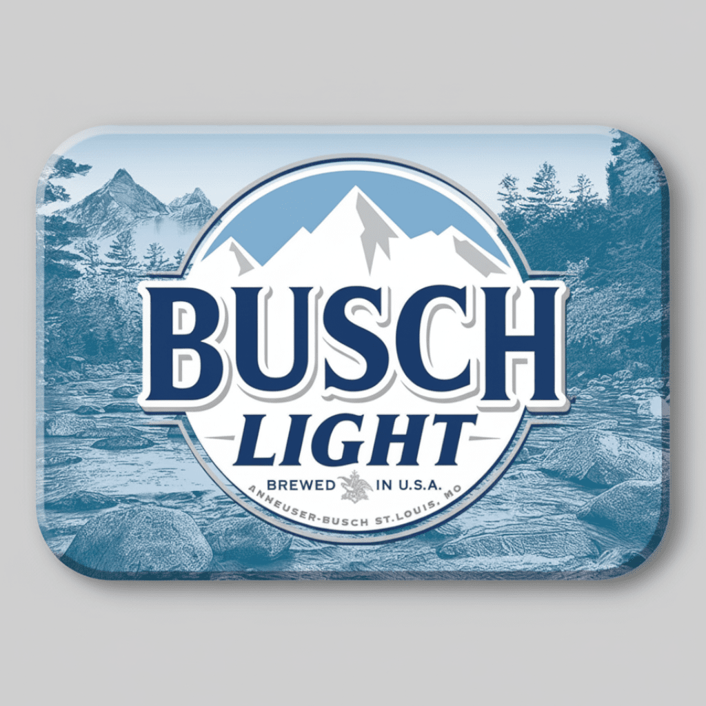 Jones Peak Busch Light metal magnet featuring a vintage mountain landscape graphic in blue and white tones.