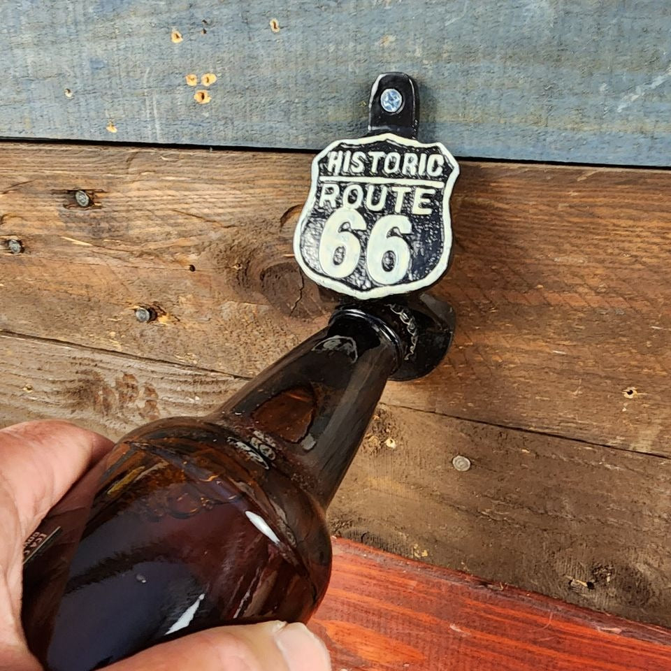Route 66 Cast Iron Wall Mounted Bottle Opener With Raised Detail (4.5" x 2.25")