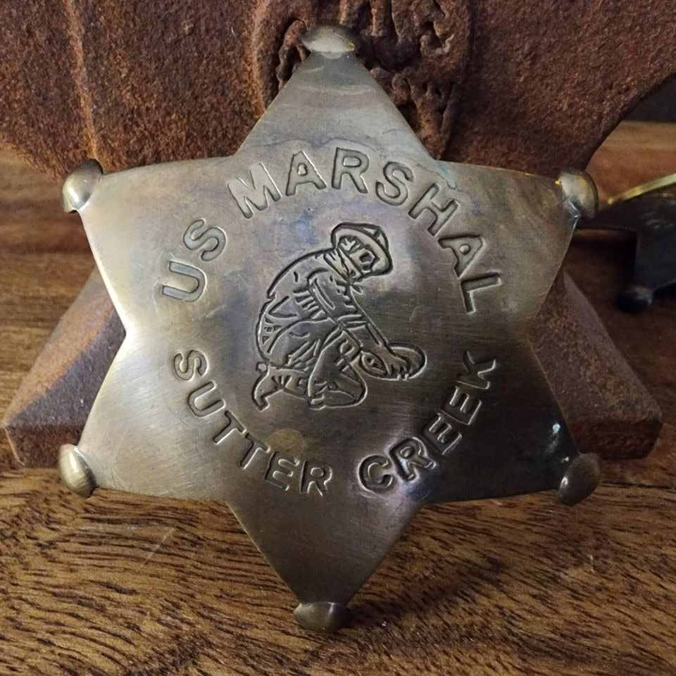 US Marshal Sutter Creek Solid Brass Badge With Antique Finish & Soldered Pin (3" x 2.25")