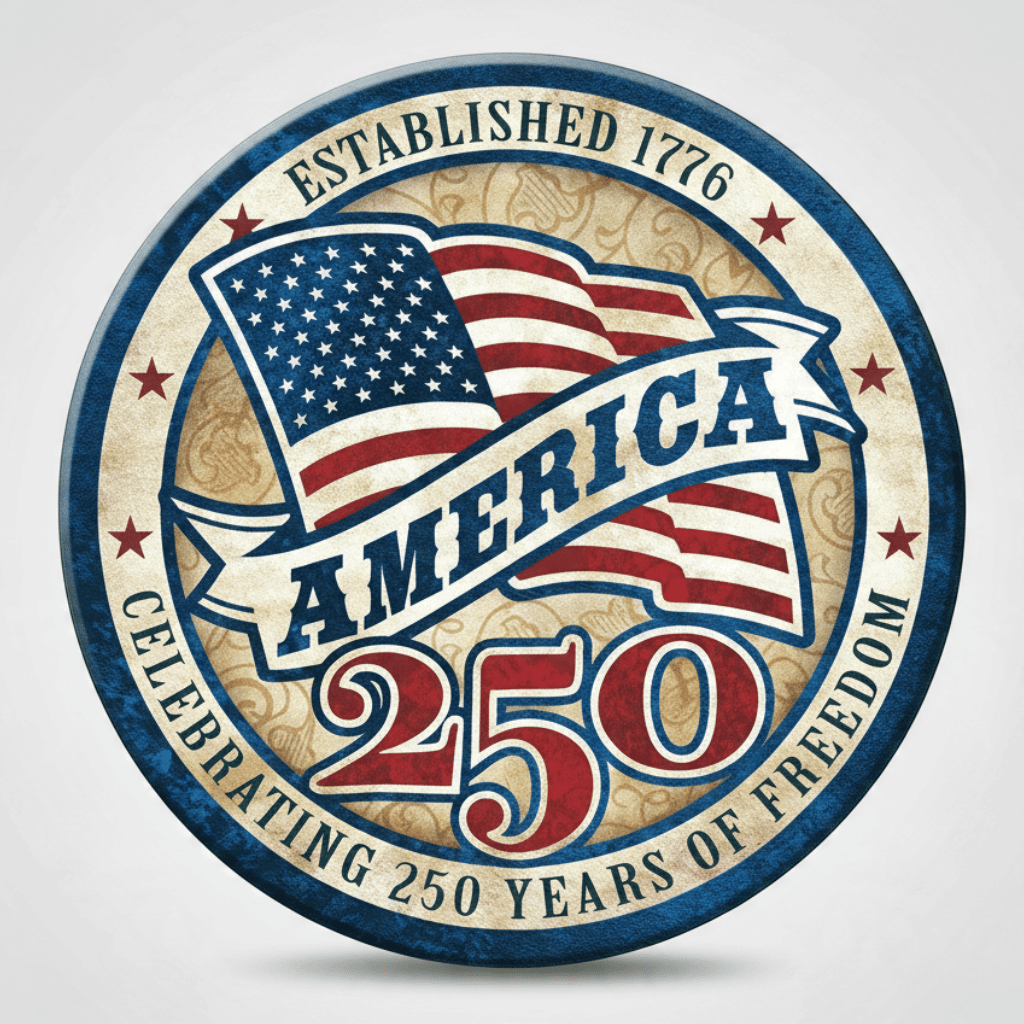 Jones Peak America Celebrating 250 Years round metal magnet with vintage Americana flag design and distressed finish