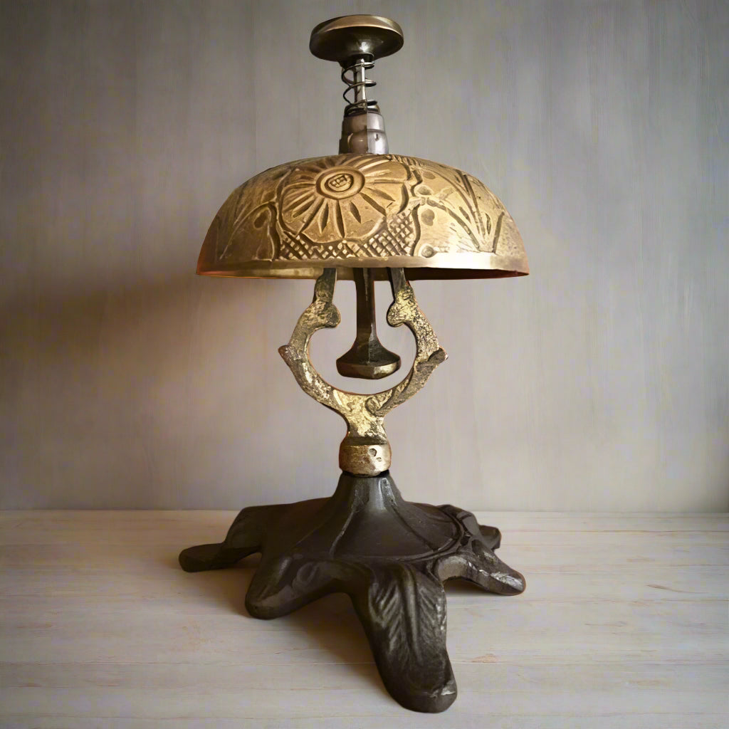 Hotel Desk Bell On Stand Solid Brass With Floral Engraving And Antique Patina Finish (5" x 3.5")