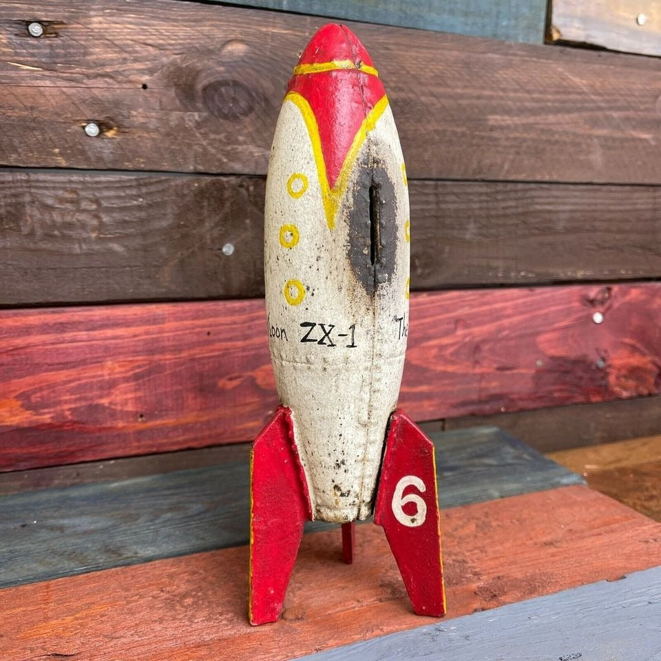 Rocket To The Moon Cast Iron Coin Bank With Painted Antique Finish (9" x 3")