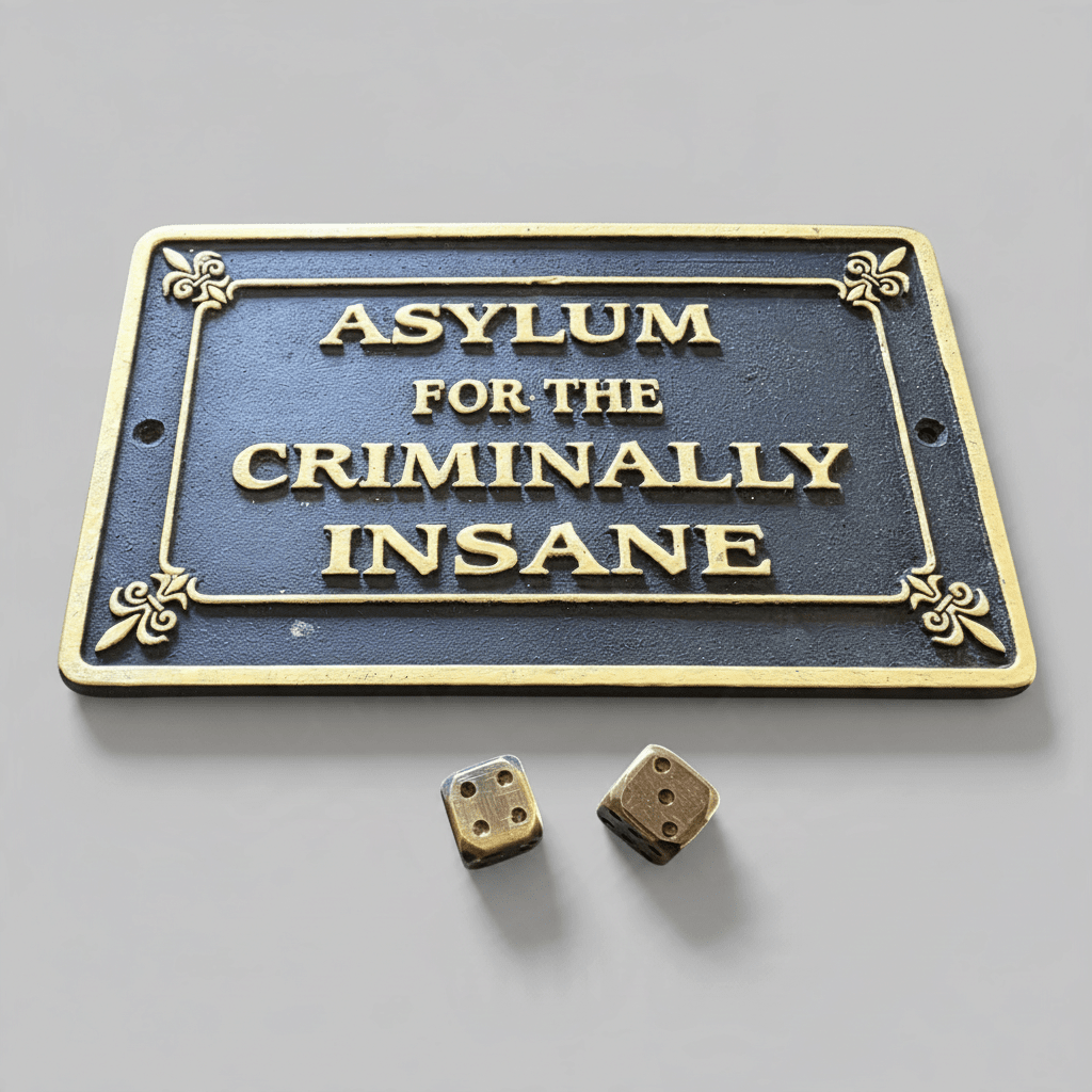 Jones Peak Asylum for the Criminally Insane cast iron plaque with antique finish and raised gold lettering