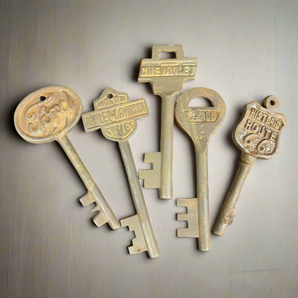Automotive Cast Iron Set of 5 Keys With Antique Finish (Ford, HD, Chevrolet, Texaco, & Route 66)