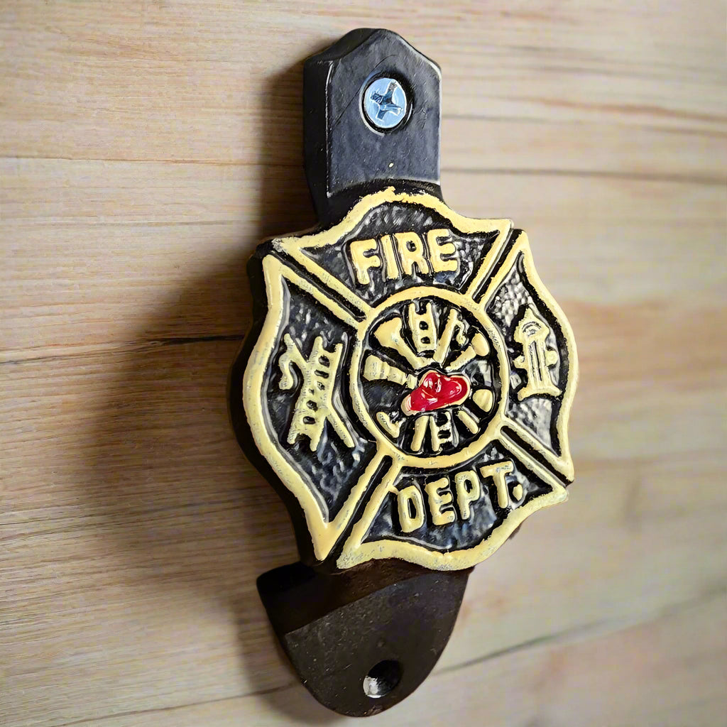 Fire Department Cast Iron Wall Mounted Bottle Opener With Raised Lettering & Painted Finish (4.5" x 2.25")