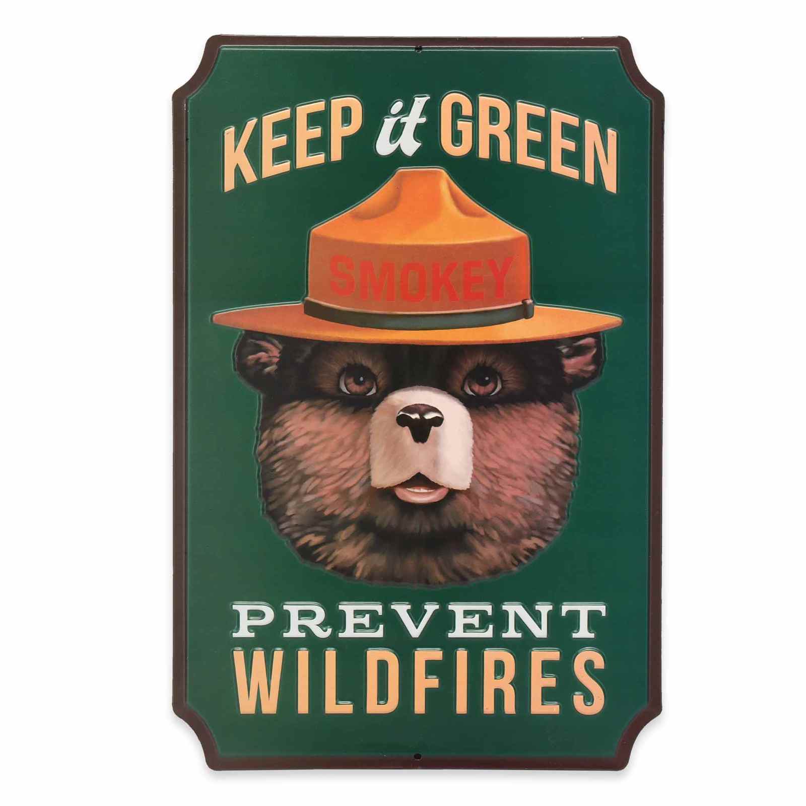 Smokey Bear Keep It Green embossed metal sign with green, orange, brown, and white artwork