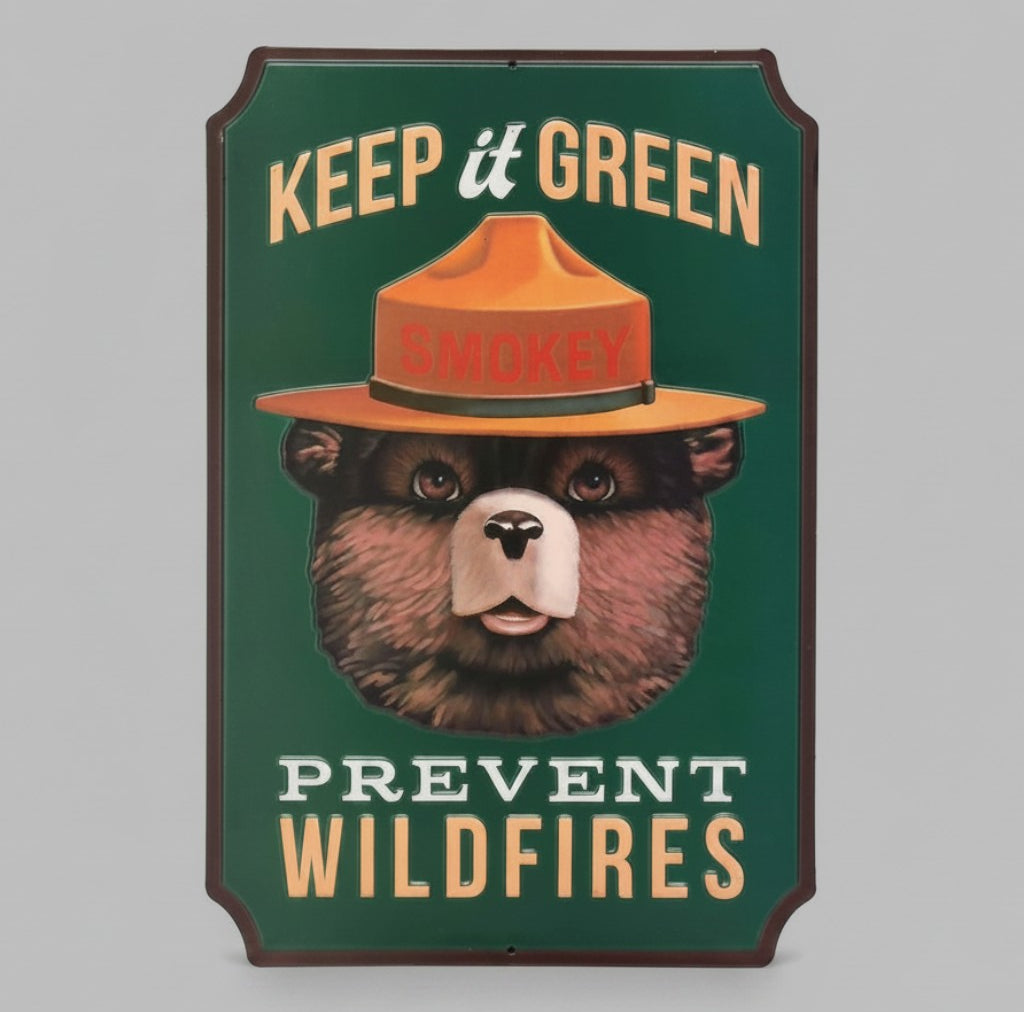 Smokey Bear Keep It Green embossed metal sign with green, orange, brown, and white artwork