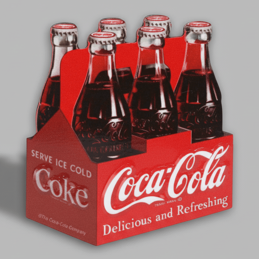 Jones Peak embossed metal magnet featuring a classic red Coca-Cola six-pack carton with glass bottles