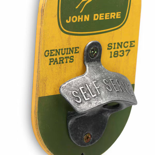 Vintage John Deere logo wall bottle opener by Open Roads, featuring a rustic design and sturdy metal construction.