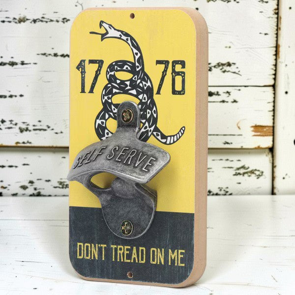 Open Roads Don't Tread On Me 1776 wall bottle opener, featuring a vintage design, 3.5" x 6" size.