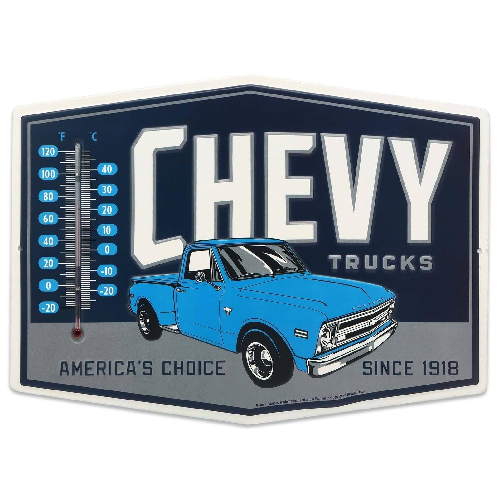 Chevrolet Trucks retro metal wall thermometer with a blue pickup truck and dual temperature scale
