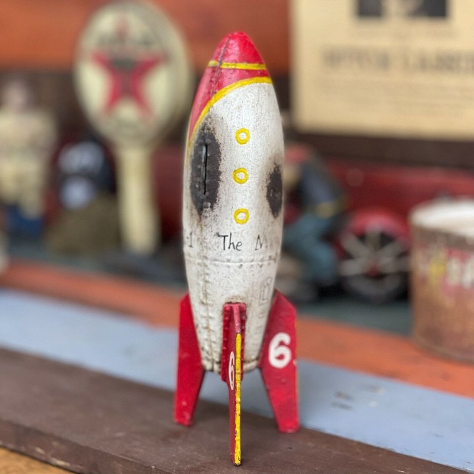 Rocket To The Moon Cast Iron Coin Bank With Painted Antique Finish (9" x 3")