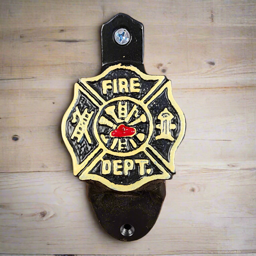 Fire Department Cast Iron Wall Mounted Bottle Opener With Raised Lettering & Painted Finish (4.5" x 2.25")