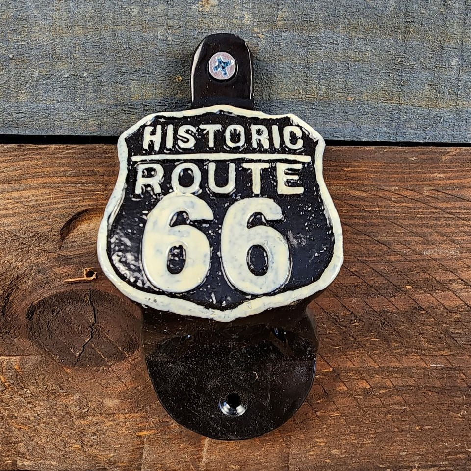 Route 66 Cast Iron Wall Mounted Bottle Opener With Raised Detail (4.5" x 2.25")