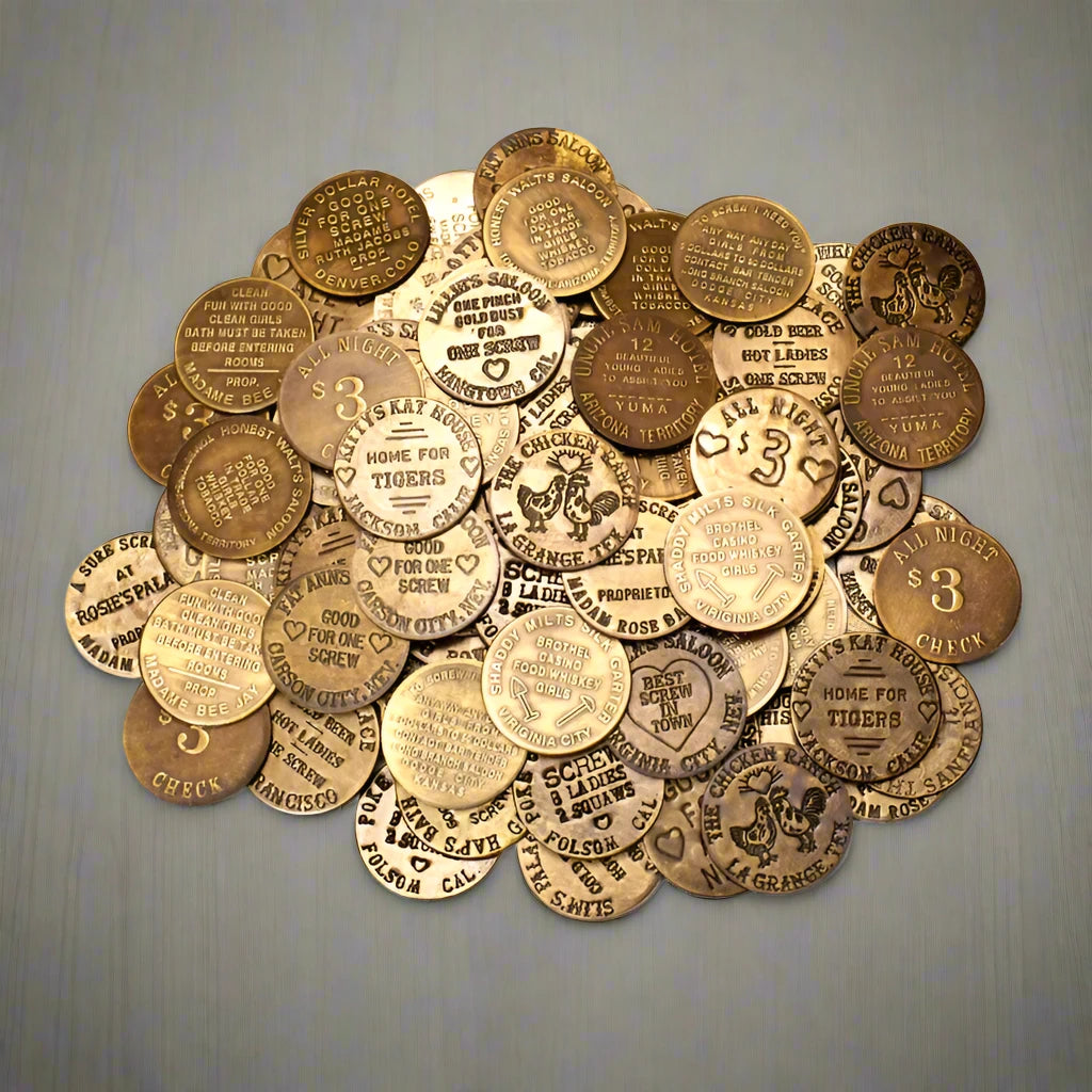 Brothel Solid Brass Tokens With Raised Lettering & Antique Finish (Set Of 6 Assorted Tokens)