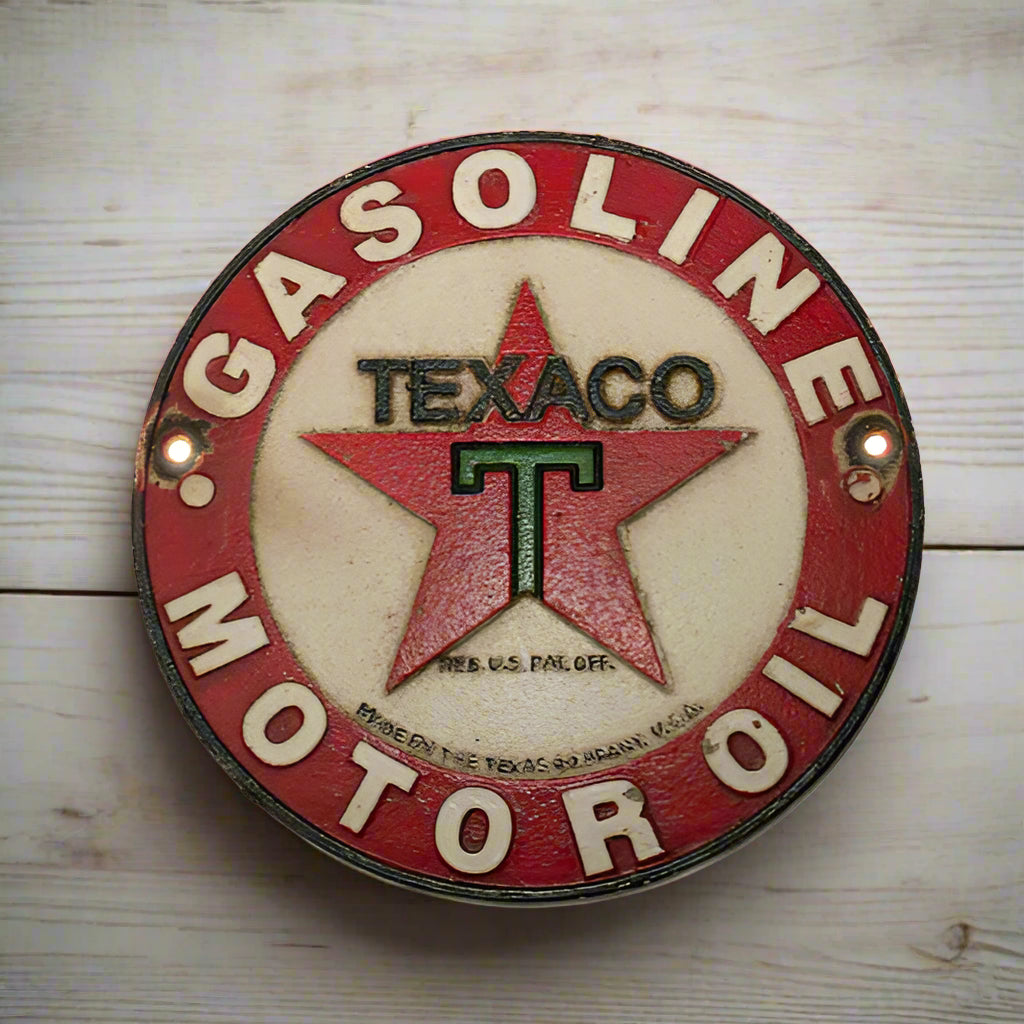 Texaco Motor Oil Cast Iron Plaque With Painted Antique Finish (8" Round)