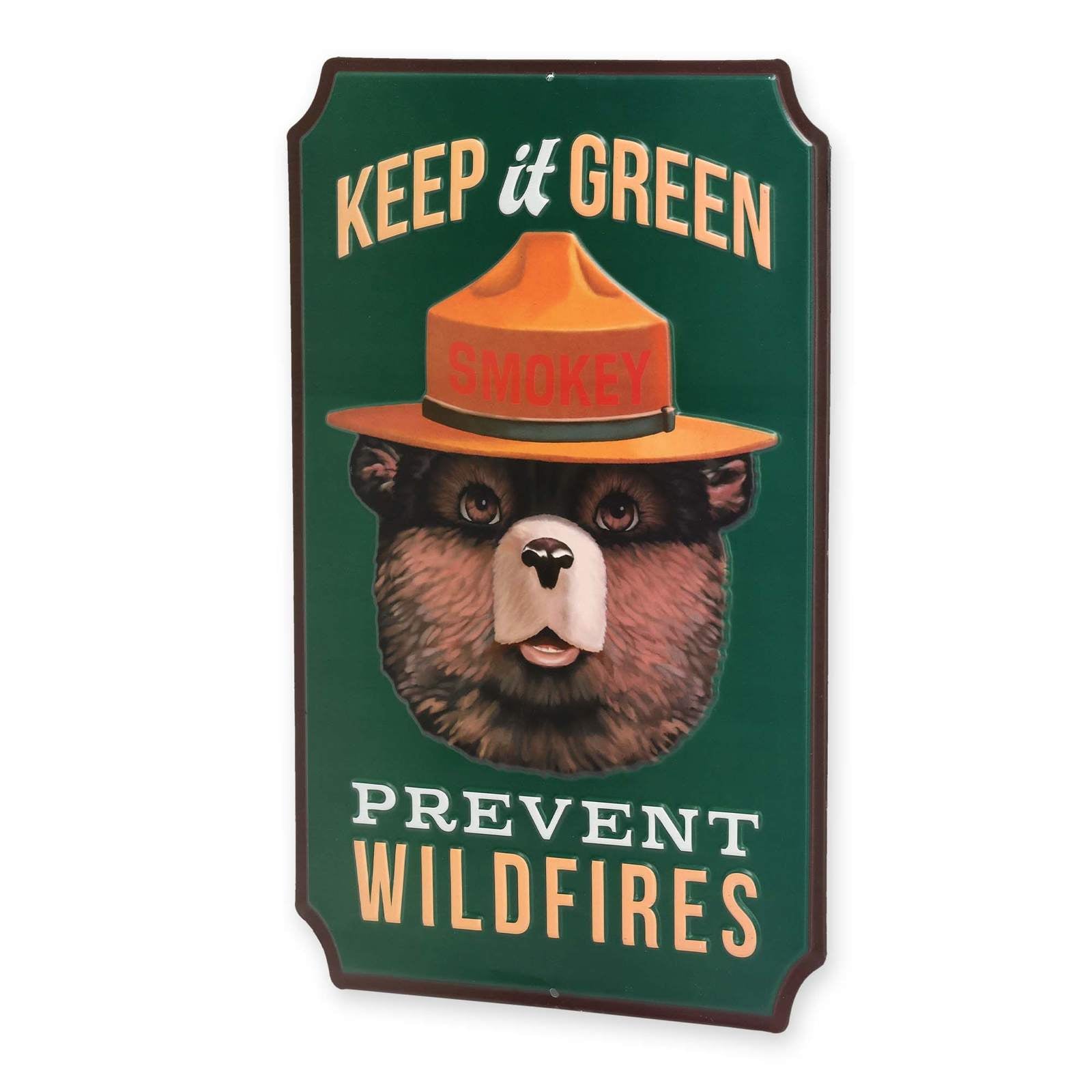 Angled view of the Smokey Bear Keep It Green embossed metal sign